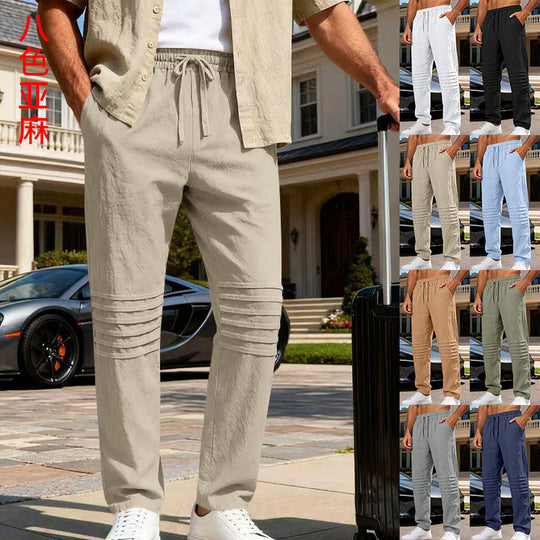 Herren Leinenoptik-Loungehose mit Tunnelzug elastischem Bund und abgesteppten Kniepanelen EB