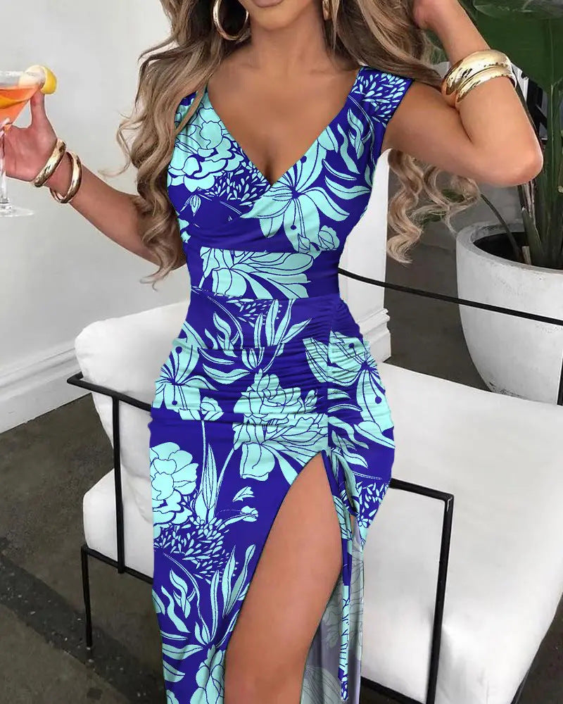 Damen V-Ausschnitt Maxikleid mit floralen Details und seitlichem Schlitz EB