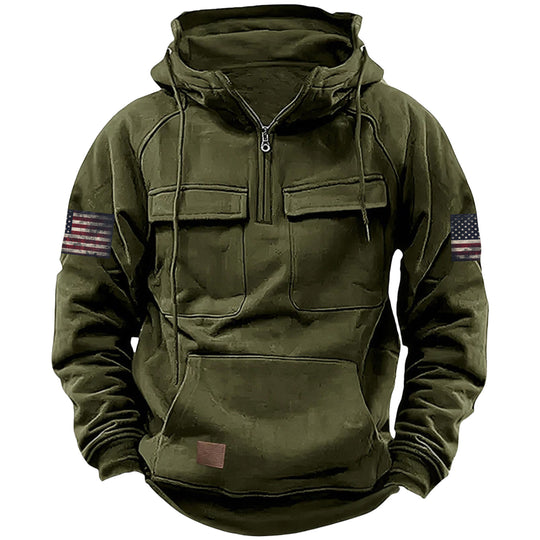 Herren nan Kapuzenpullover mit Halbzip, Cargo-Brusttaschen und Kängurutasche EB
