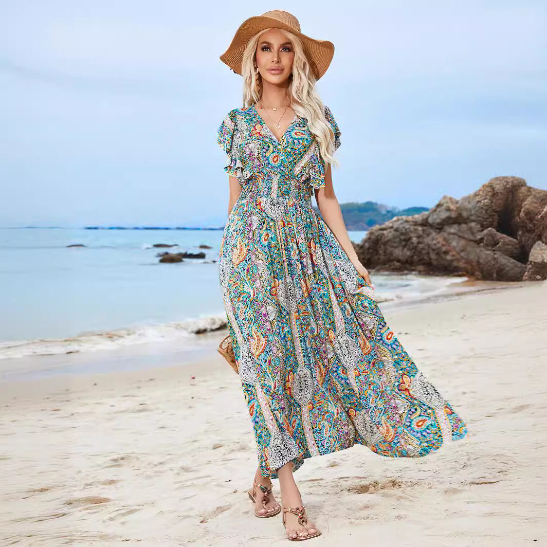 Damen Maxikleid mit verspieltem Mustermix und Rüschendetails EB