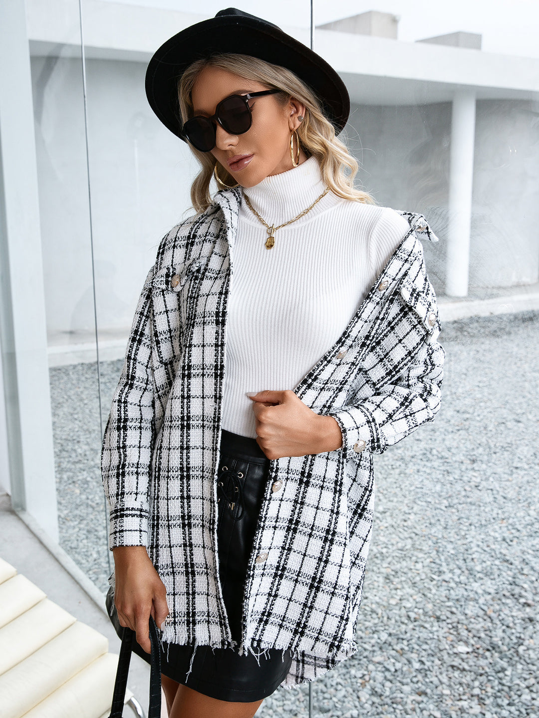 Damen Karierte Overshirtjacke mit lässigem Schnitt und Fransen EB