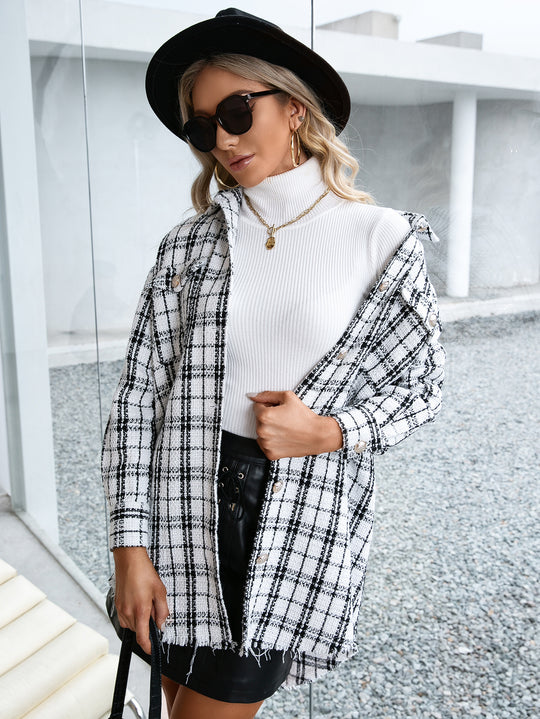 Damen Karierte Overshirtjacke mit lässigem Schnitt und Fransen EB