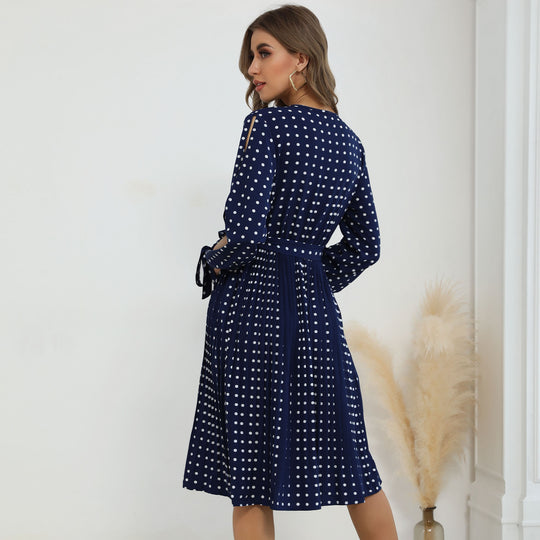 Damen Wickelkleid mit Punktmuster und langem Ärmel EB