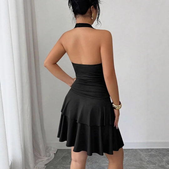 Damen nan Halter-Midikleid mit Wasserfall-Ausschnitt, taillierter Raffung und stufenweisem Volantrock EB