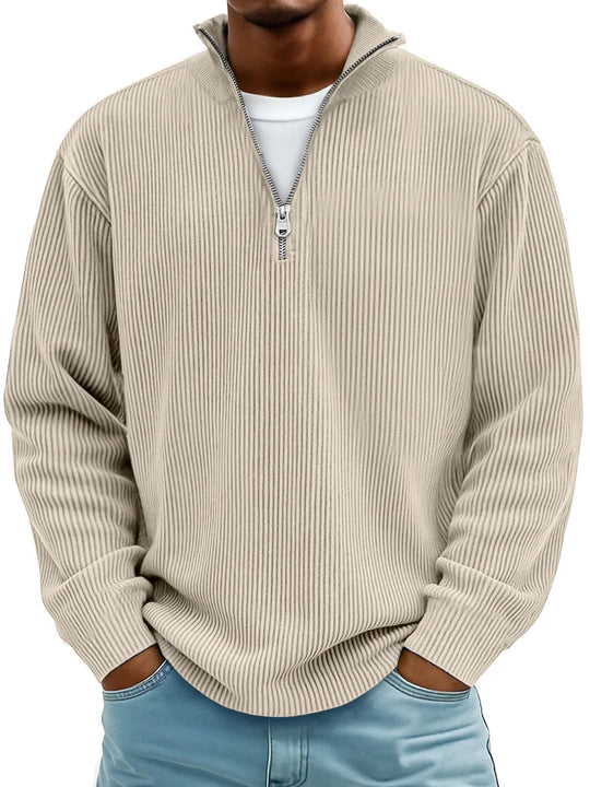 Herren nan gerippter Strickpullover mit halbem Reißverschluss und Stehkragen EB
