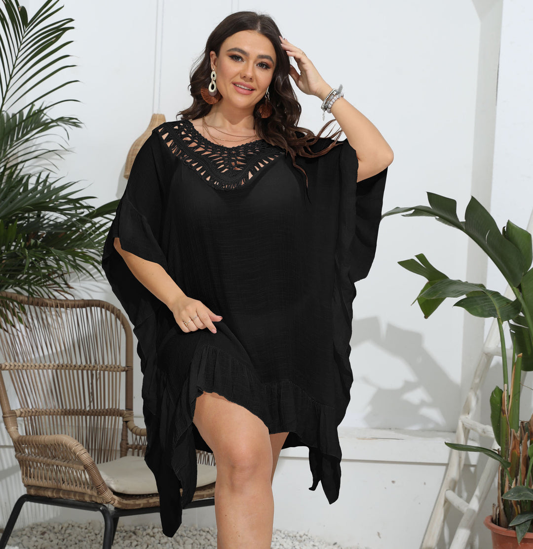 Damen luftiger Strandponcho mit gehäkeltem Ausschnitt EB