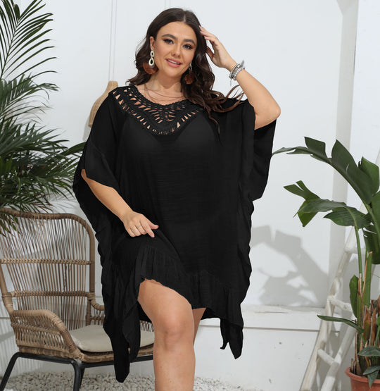 Damen luftiger Strandponcho mit gehäkeltem Ausschnitt EB