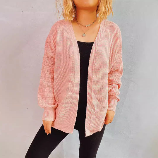 Damen lässige Strickjacke mit voluminösen Ärmeln und modernem Strukturmuster EB