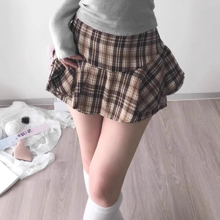 Damen Verspielter Karorock mit integrierten Shorts und hohem Bund EB