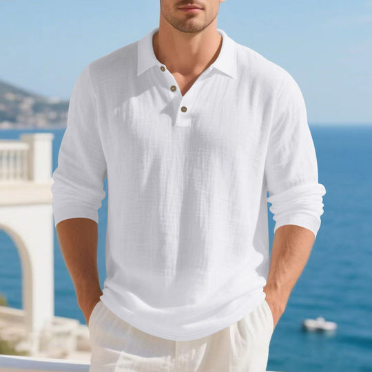 Herren nan Musselin-Langarm-Poloshirt mit Hemdkragen, kurzer Knopfleiste und natürlicher Knopfoptik EB