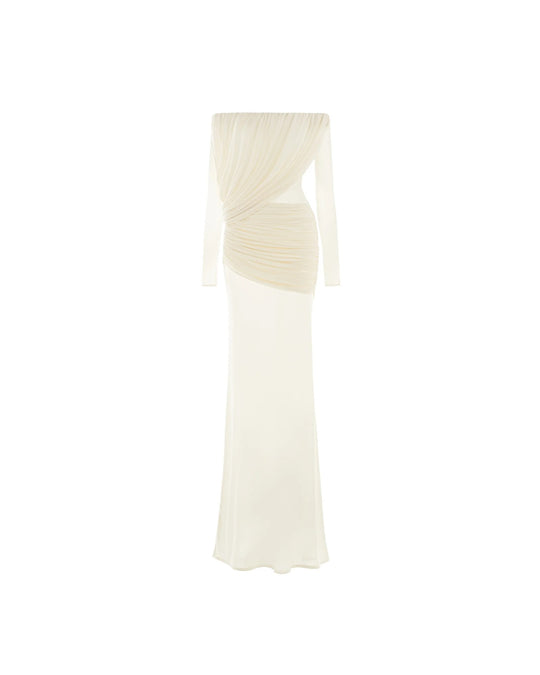 Damen Langarm Maxikleid mit Drapier-Design und schulterfreiem Ausschnitt EB