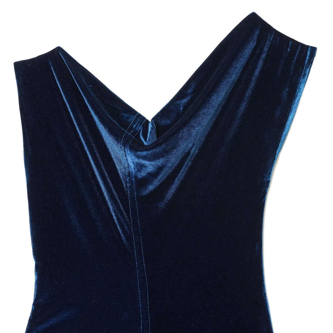 Damen Samt Maxikleid mit elegantem V-Ausschnitt und raffiniertem Schlitz EB