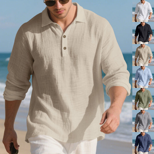 Herren lässiges Langarm-Polohemd mit strukturierten Details und hochwertigen Knöpfen EB