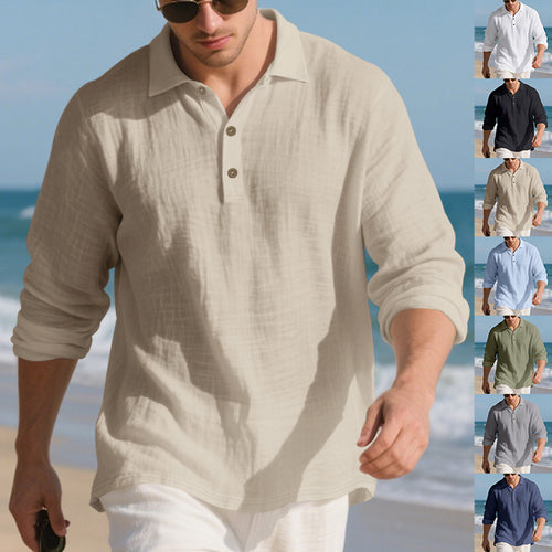 Herren lässiges Langarm-Polohemd mit strukturierten Details und hochwertigen Knöpfen EB