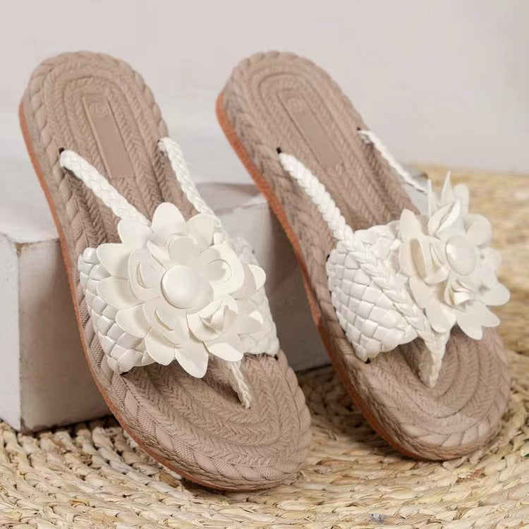 Damen Geflochtene Zehentrenner‑Sandalen mit XXL‑Blütenapplikation und gepolstertem Komfortfußbett EB