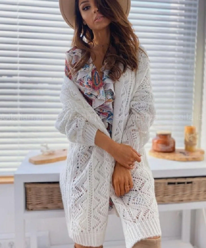 Damen Strickjacke mit modernen Häkelmustern und lockerem Schnitt EB