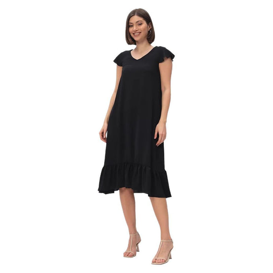 Damen Midi-Kleid mit modischem V-Ausschnitt und Rüschensaum EB