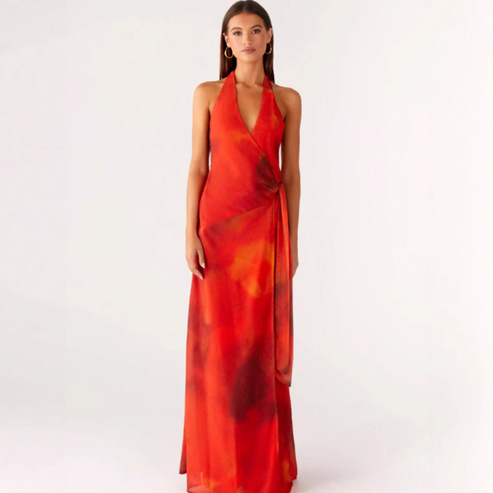 Damen Wickelmaxikleid mit tiefem V-Ausschnitt und fließendem Saum EB