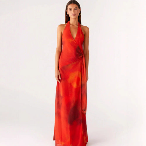 Damen Wickelmaxikleid mit tiefem V-Ausschnitt und fließendem Saum EB