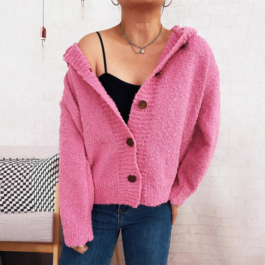 Damen kuschelige Strickjacke mit Kapuze und Knopfdetails EB