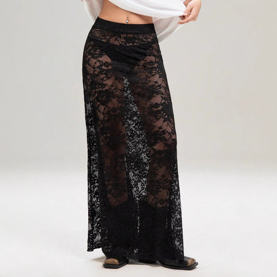 Damen Maxirock aus eleganter Spitze mit hohem Schlitz und voluminösem Schnitt EB