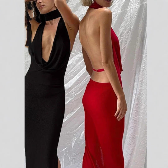 Damen Maxikleid mit elegantem Wasserfallausschnitt und figurbetontem Design EB