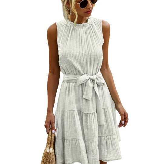 Damen luftiges Sommerkleid mit tailliertem Bund und Rüschendetails EB