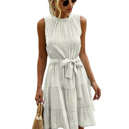 Damen luftiges Sommerkleid mit tailliertem Bund und Rüschendetails EB