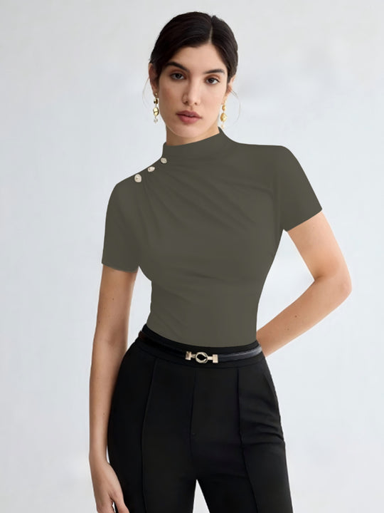 Damen elegantes Oberteil mit dekorativen Knopfdetails und modernem Stehkragen EB