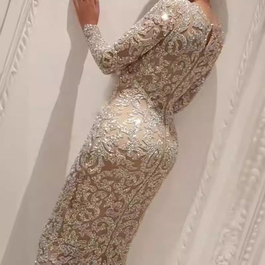 Damen Glamouröses Hochzeitskleid mit funkelnden Pailletten und langen Ärmeln EB