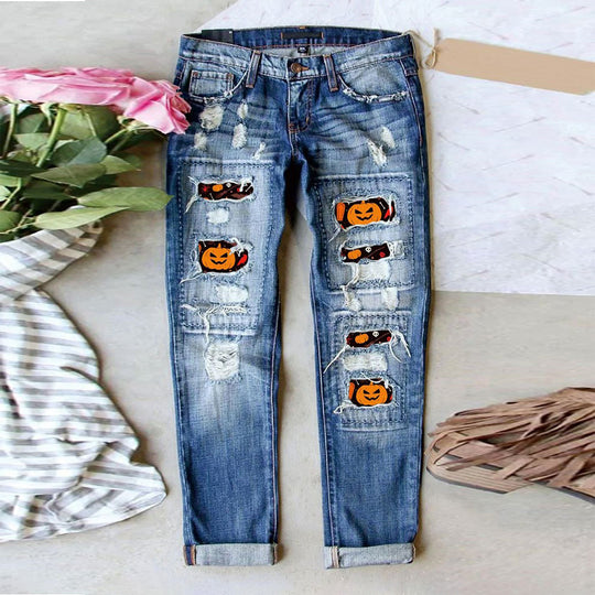 Damen Ripped Jeans mit Halloween-Motiv EB