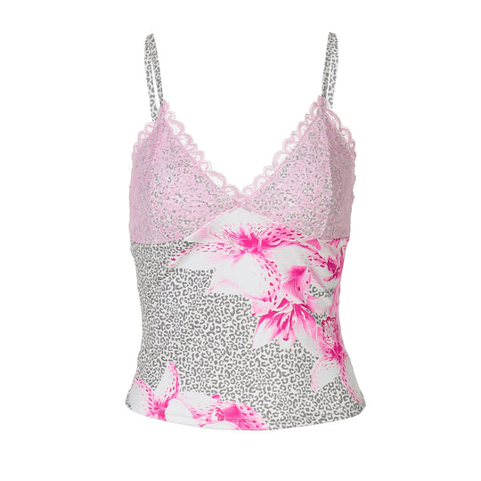 Damen Spaghettiträger Top mit Blumenmuster und Spitze EB