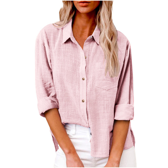 Damen nan oversized Leinen-Baumwollmix Hemdbluse mit Brusttasche und krempelbaren Ärmeln EB