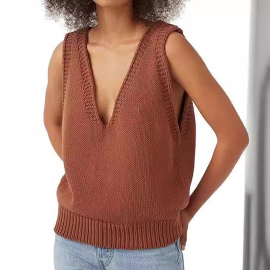 Damen lässiger Strickpullover ohne Ärmel mit tiefem V-Ausschnitt EB