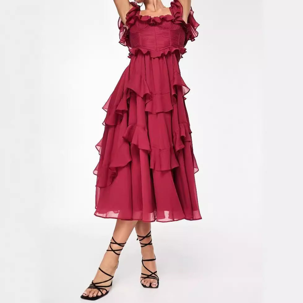 Damen Rüschen Maxikleid mit fließendem Schnitt und romantischem Design EB