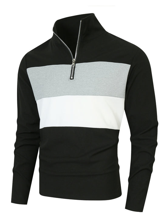 Herren nan Halbzip-Pullover mit Stehkragen, breitem Blockstreifen und fein gerippter Struktur EB