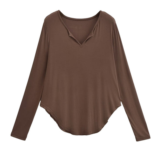 Damen lässiges Longsleeve-Oberteil mit V-Ausschnitt und geschwungenem Saum EB