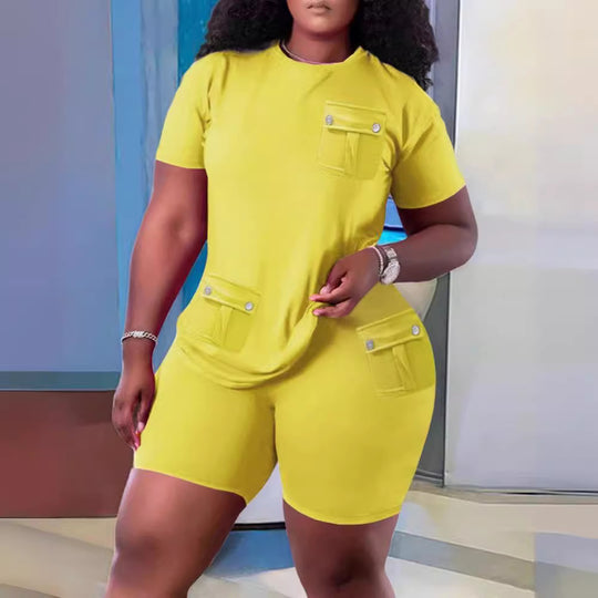Damen Sportliches Oberteil und Shorts Set mit praktischen Taschen EB
