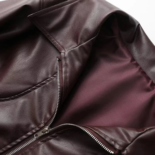 Damen modische Kunstlederjacke mit elegantem Revers und praktischen Taschen EB