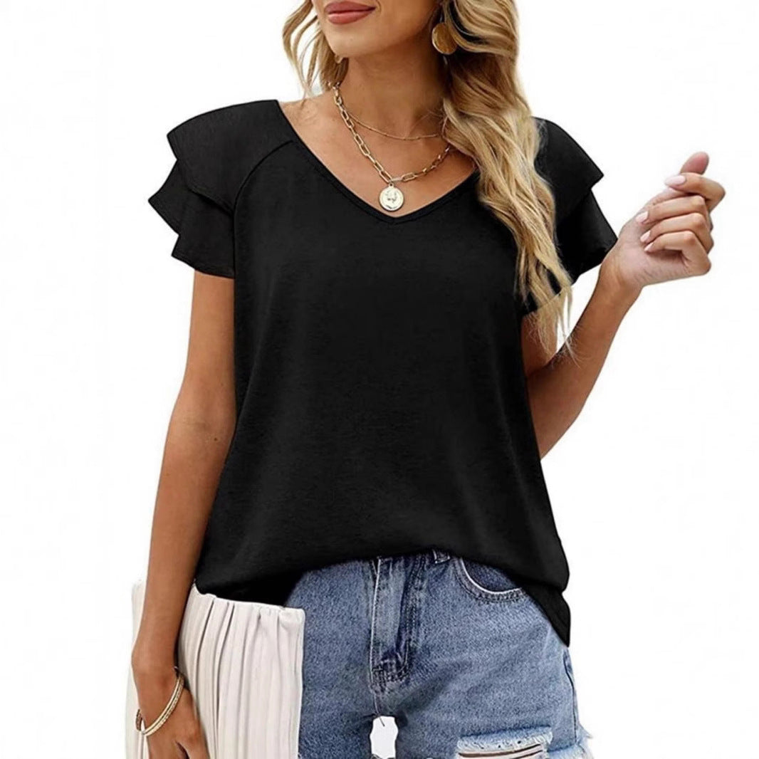 Damen V-Ausschnitt T-Shirt mit Rüschendetails EB