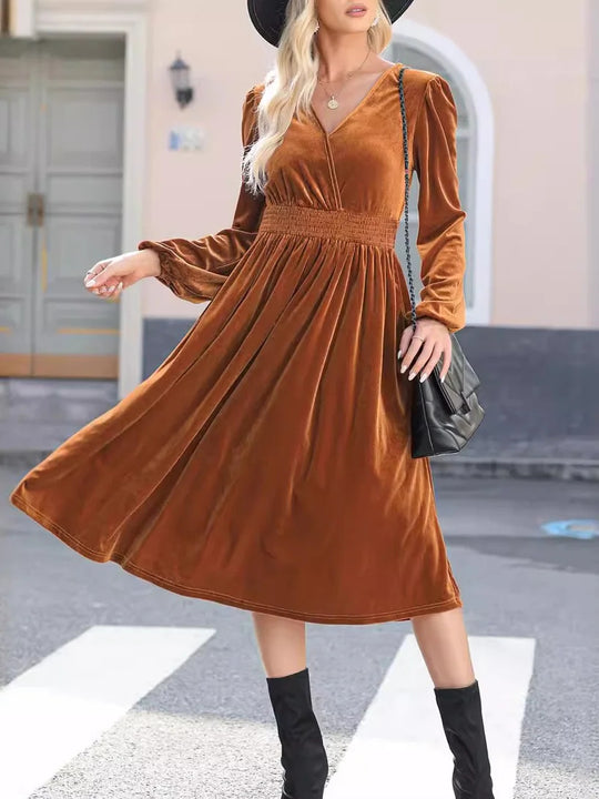 Damen Midikleid aus Samt mit V-Ausschnitt, geraffter Smock-Taille und langen Ballonärmeln EB