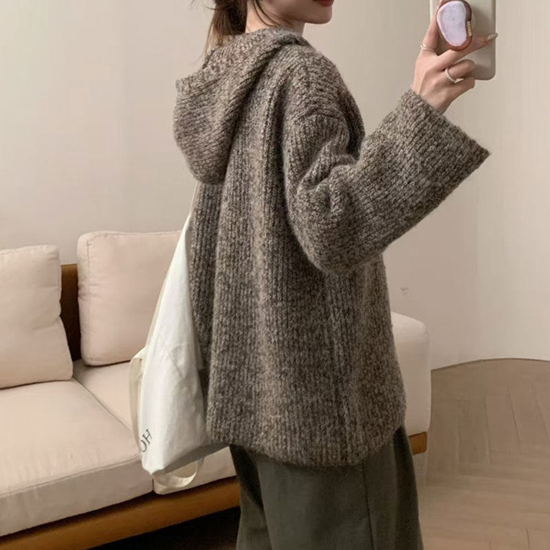 Damen bequemer Strickpullover mit Knopfleiste und Kapuze EB