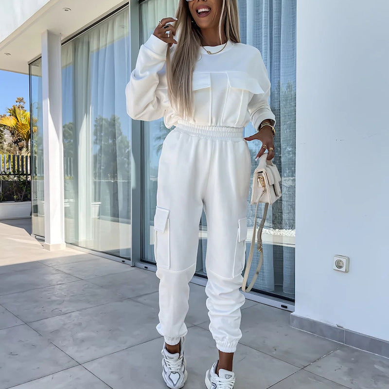Damen Cargo-Loungewear-Set aus weicher Baumwollmischung mit hoher Taille und aufgesetzten Cargo-Taschen EB