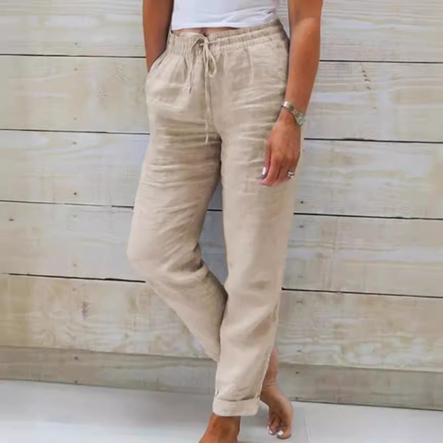 Damen nan lässige Leinenhose mit elastischem Bund und Kordelzug EB