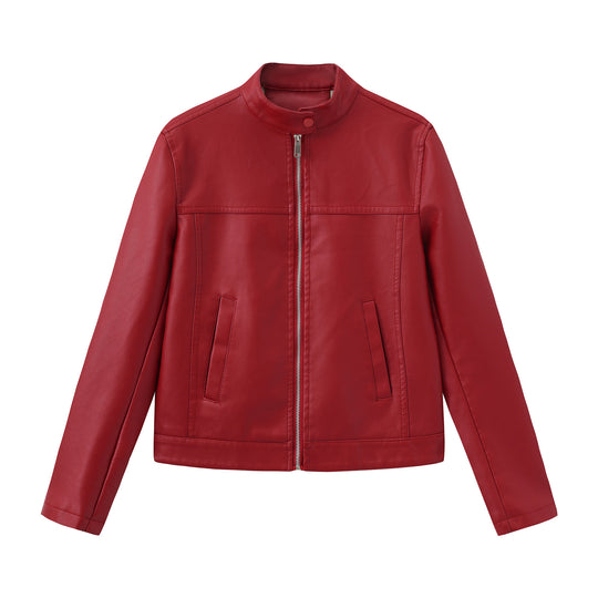 Herren nan minimalistische Kunstlederjacke mit Stehkragen, Metallreißverschluss und eingearbeiteten Seitentaschen EB