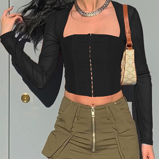 Damen Cropped Oberteil mit transparenten Ärmeln und strukturiertem Schnitt EB