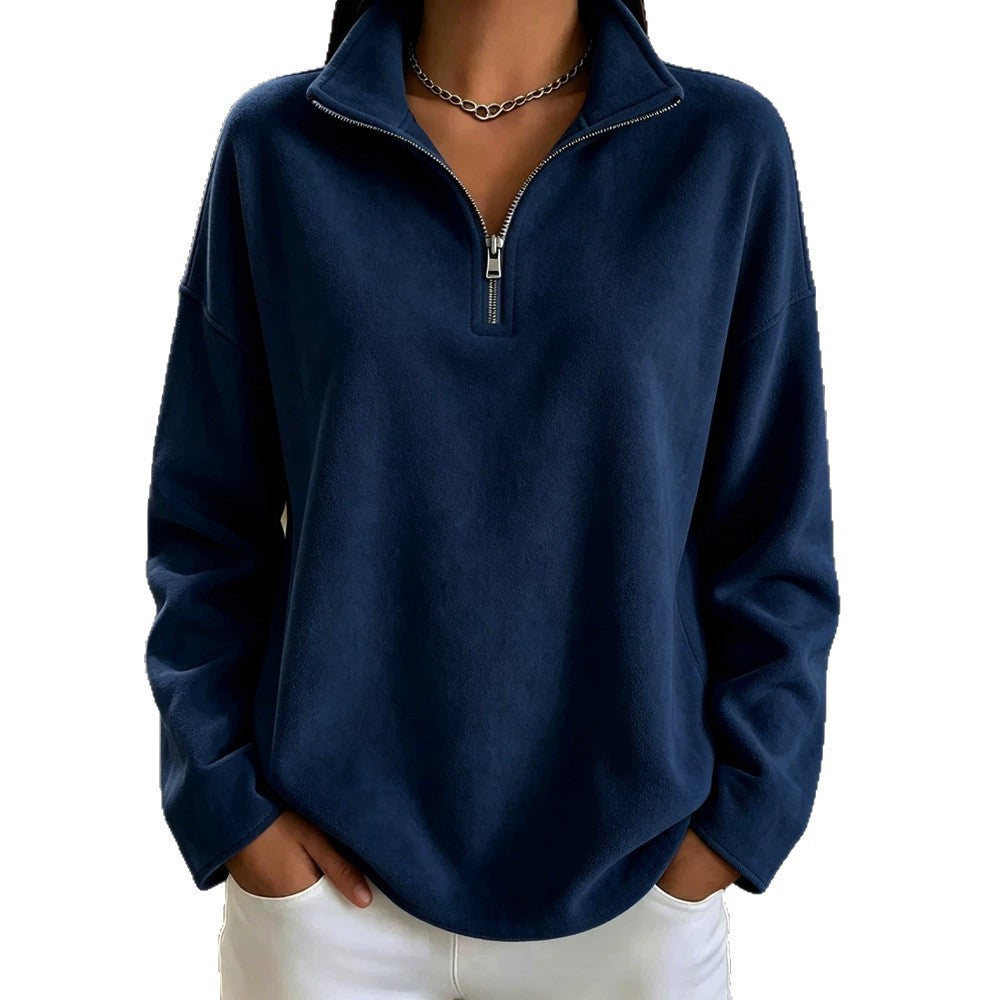 Damen Kuscheliger Oversize-Fleecepullover mit halbem Reißverschluss und Stehkragen EB