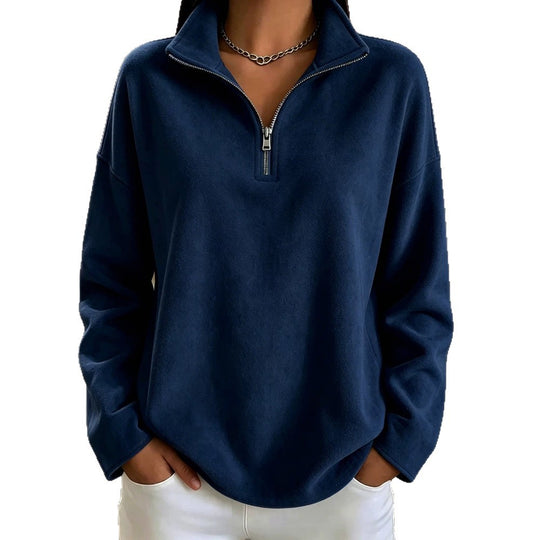 Damen Kuscheliger Oversize-Fleecepullover mit halbem Reißverschluss und Stehkragen EB