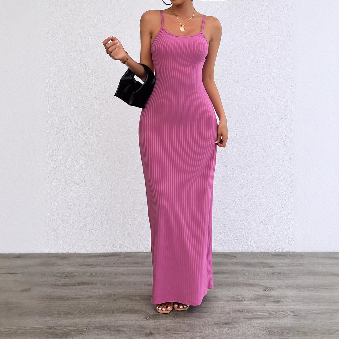 Damen Langes, figurbetontes Kleid mit feinen Rippen und Spaghettiträgern EB