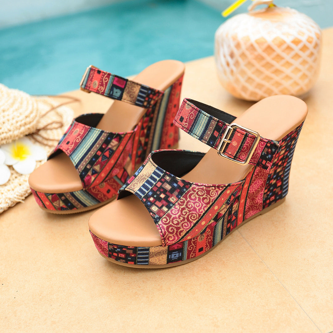 Damen Wedge-Sandalen mit modischem Riemendesign und buntem Mustermix EB